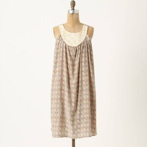 Sunner 100% Silk Midi Dress Cream Brown Print Cotton Bib Size M